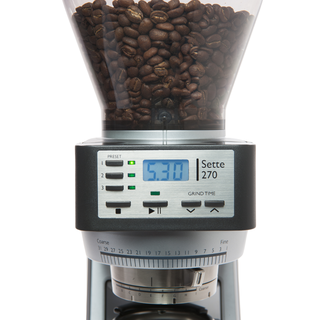 Baratza Sette 270 espresso grinder with macro and micro adjustments, ideal for fine grind settings, featuring hands-free, time-based dosing for home espresso enthusiasts.