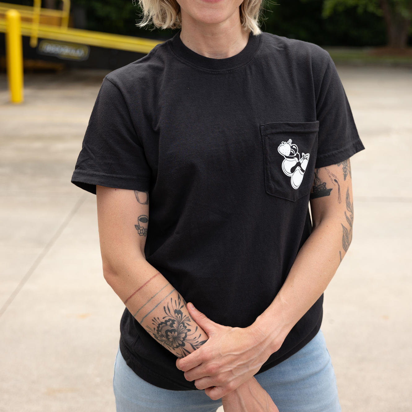 B&W Barbell Club Shirt with co-fermented coffee design front, fun graphic back, heavyweight cotton, suitable for gym or casual wear.