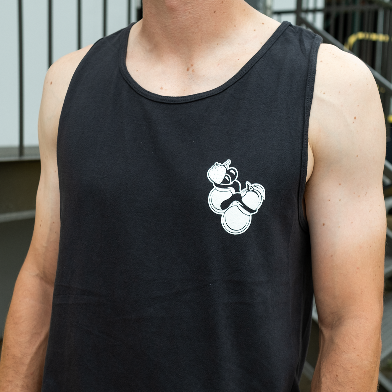 B&W Barbell Club Shirt featuring co-fermented coffee graphic on front, playful design on back. Made from heavyweight cotton for comfort and durability.