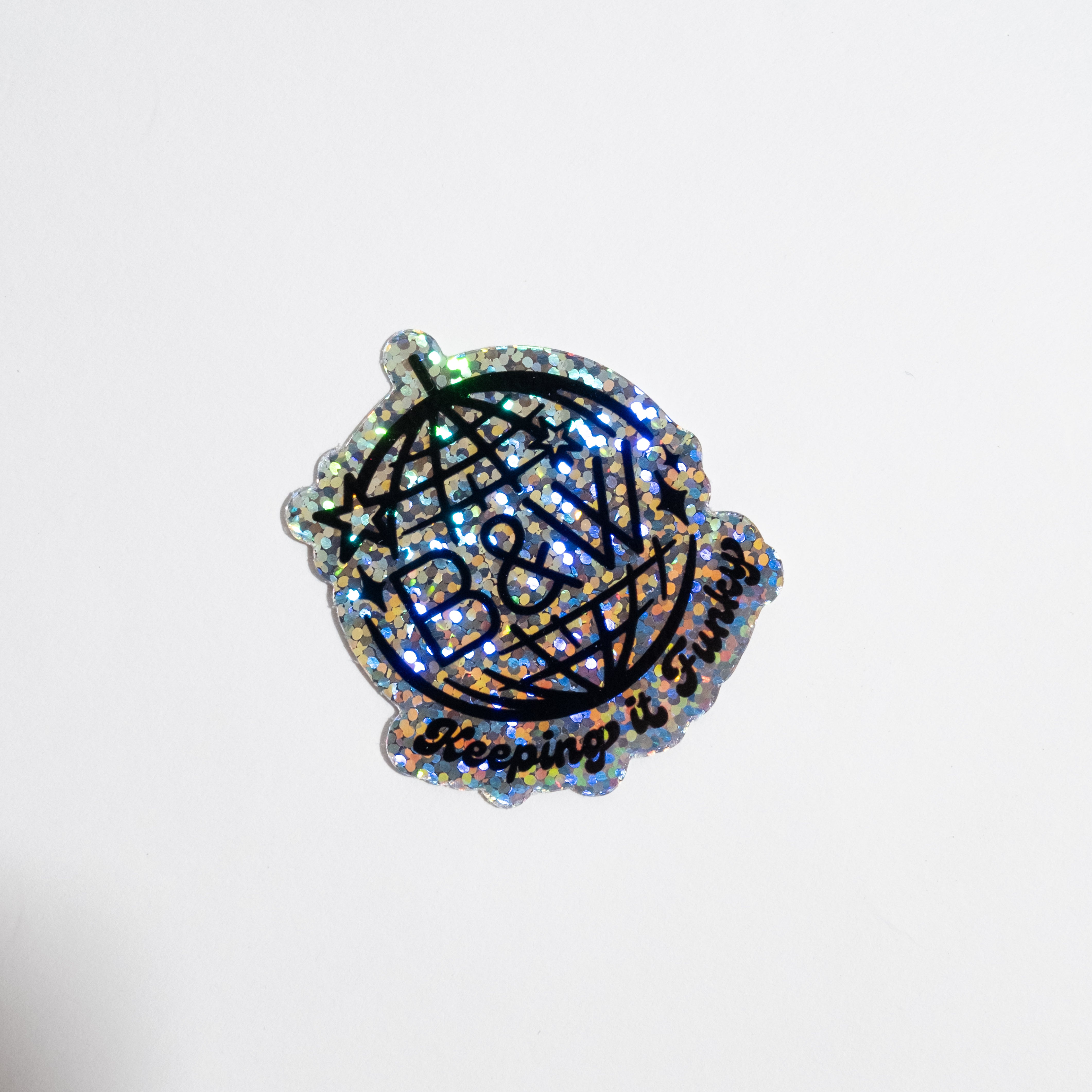 B&W Disco Ball Sticker featuring a glittery design by Sage Pizza, celebrating 7 funky years. Measures 2 x 2.