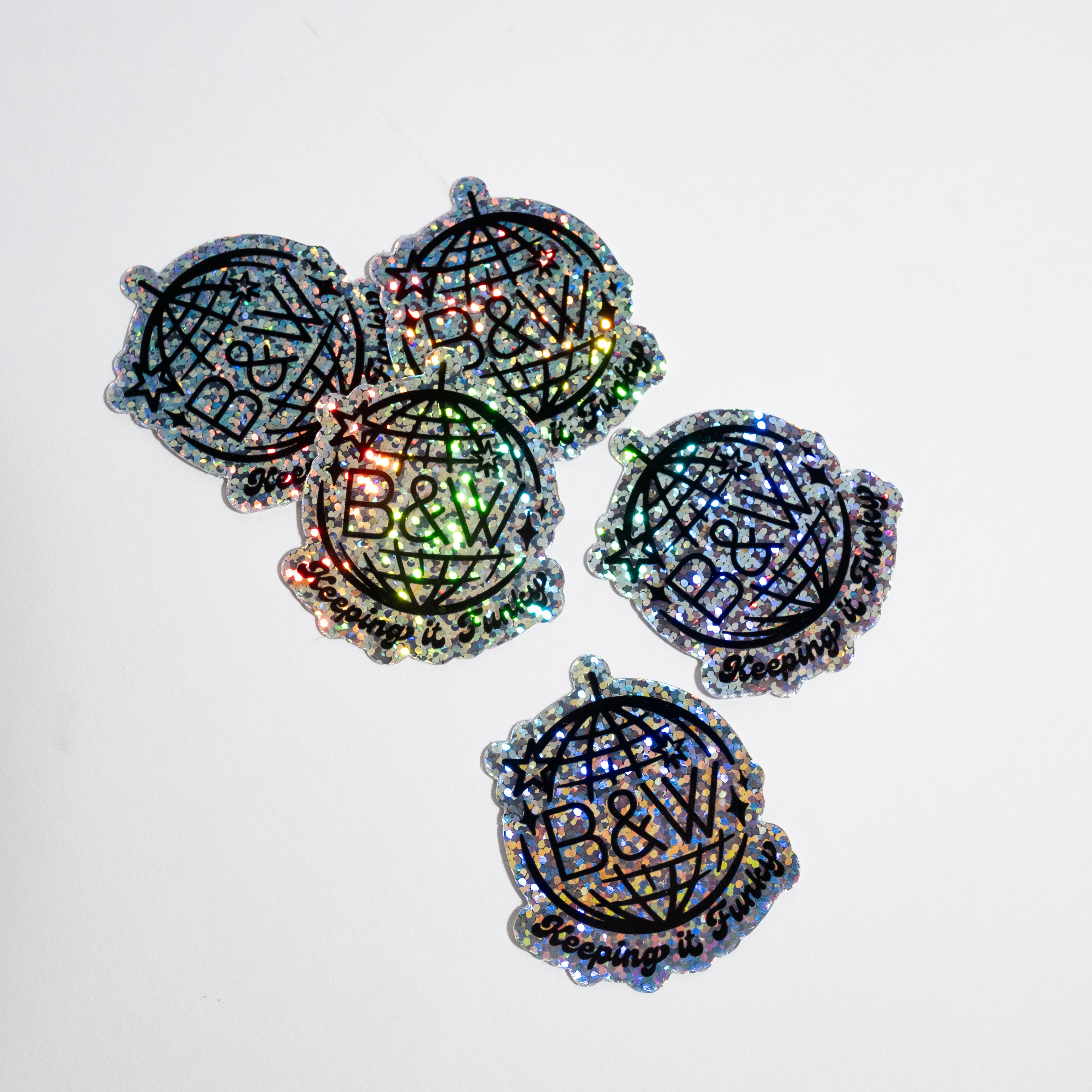 B&W Disco Ball Sticker by Sage Pizza, 2 x 2, featuring a glittery disco ball design celebrating 7 years of creativity and funkiness.