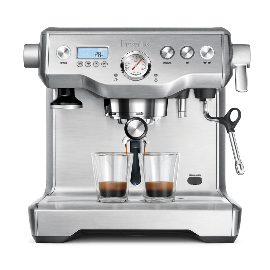 Breville Dual Boiler espresso machine with dual boiler system, PID temperature control, and steam boiler, ideal for home baristas seeking optimal espresso and milk steaming.