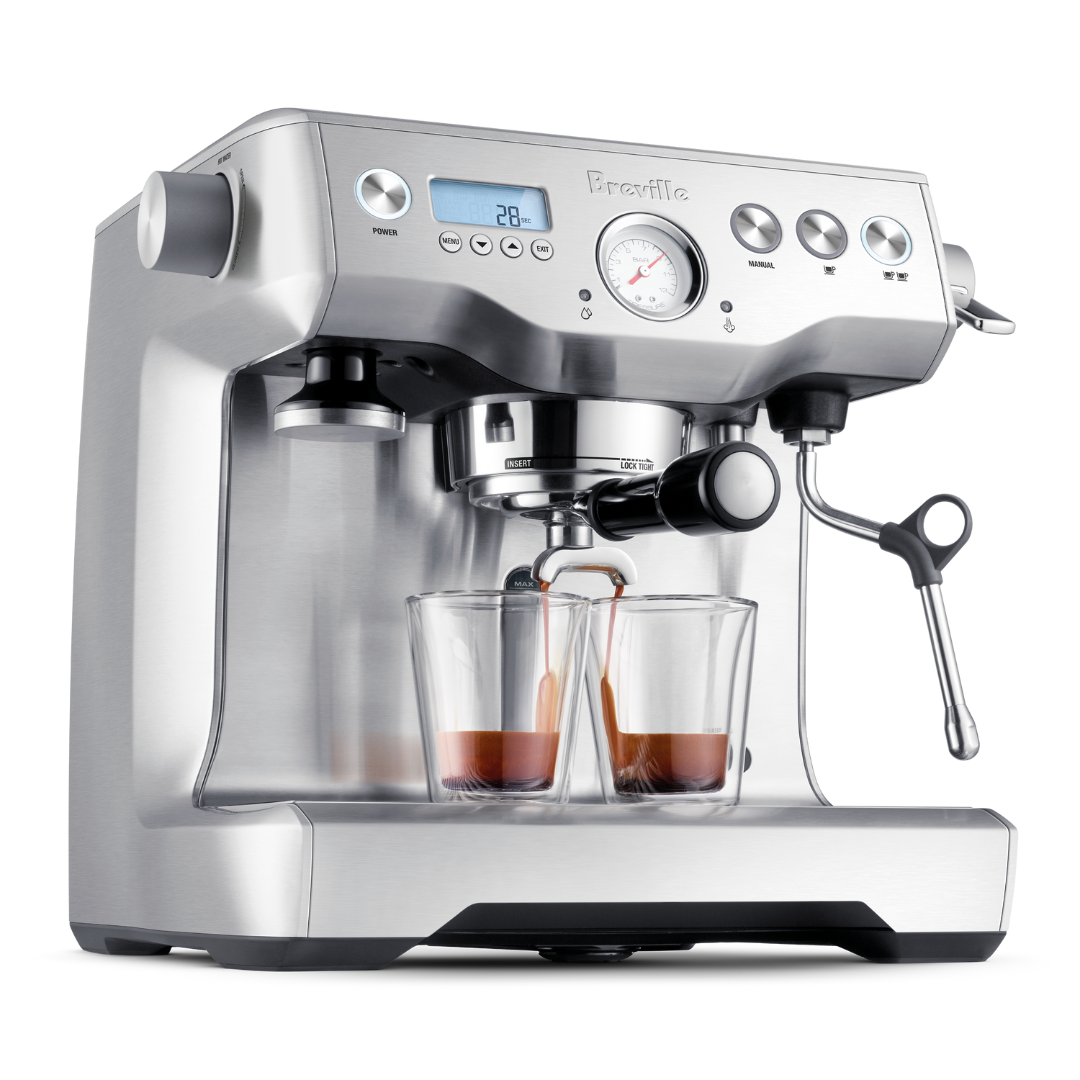 Breville Dual Boiler espresso machine with dual boiler system, PID temperature control, and powerful steam wand for precise espresso extraction and milk steaming.