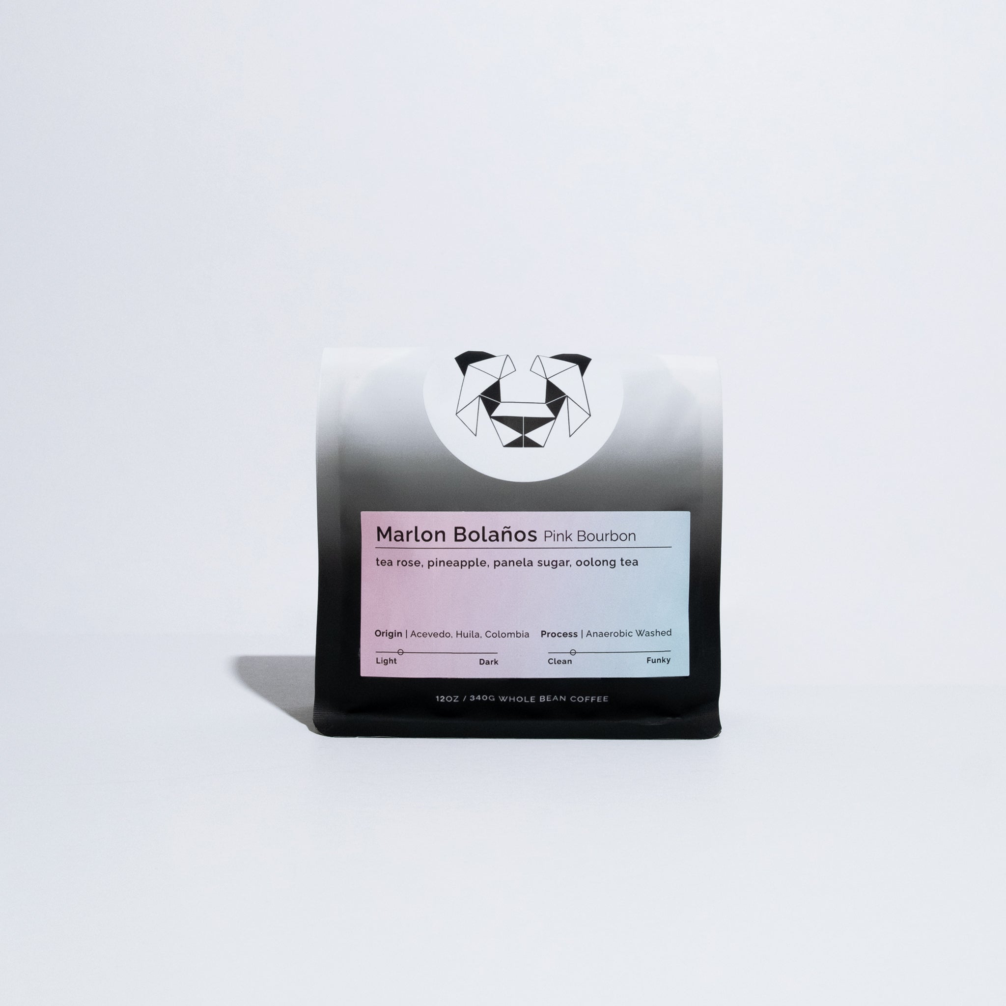 A single bag of Marlon Bolaños Pink Bourbon, featuring a black and white gradient package with a white label, set against a clean white background.