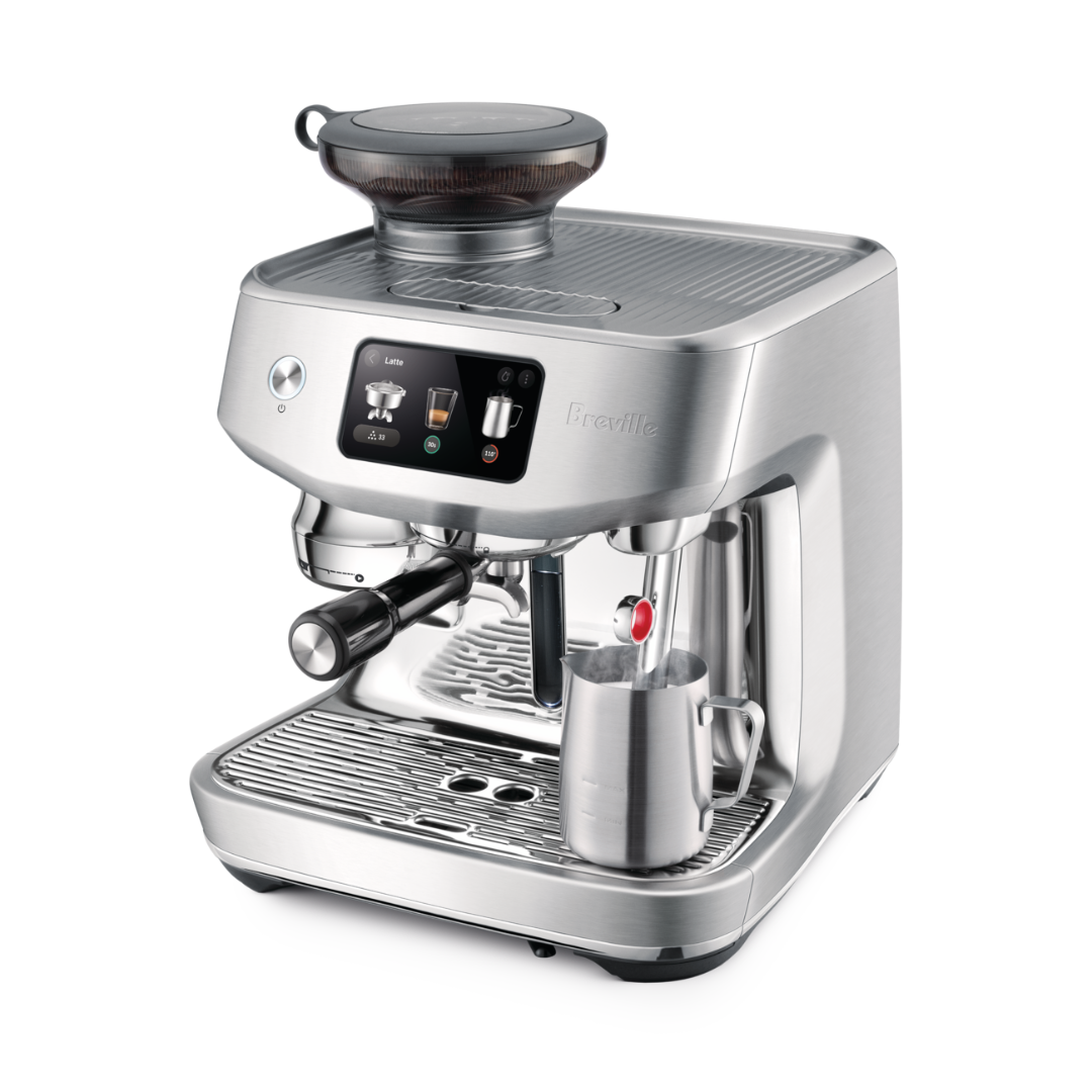 Breville Oracle Jet espresso machine with a 58 mm portafilter, touch screen, and Auto MilQ™ system for creating specialty coffee and microfoam at home.