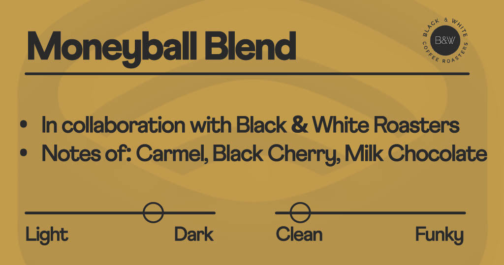 Moneyball Blend coffee from Ethiopia, medium-dark roast, offers caramel, black cherry, and milk chocolate notes, evoking nostalgic comfort and breakfast-style enjoyment.