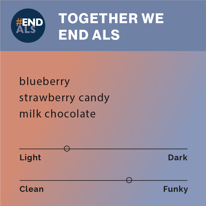 Together We End ALS: Coffee tasting profile highlighting blueberry, strawberry candy, milk chocolate notes; light-medium roast, funky flavor, honoring Jeanne Luther's legacy.