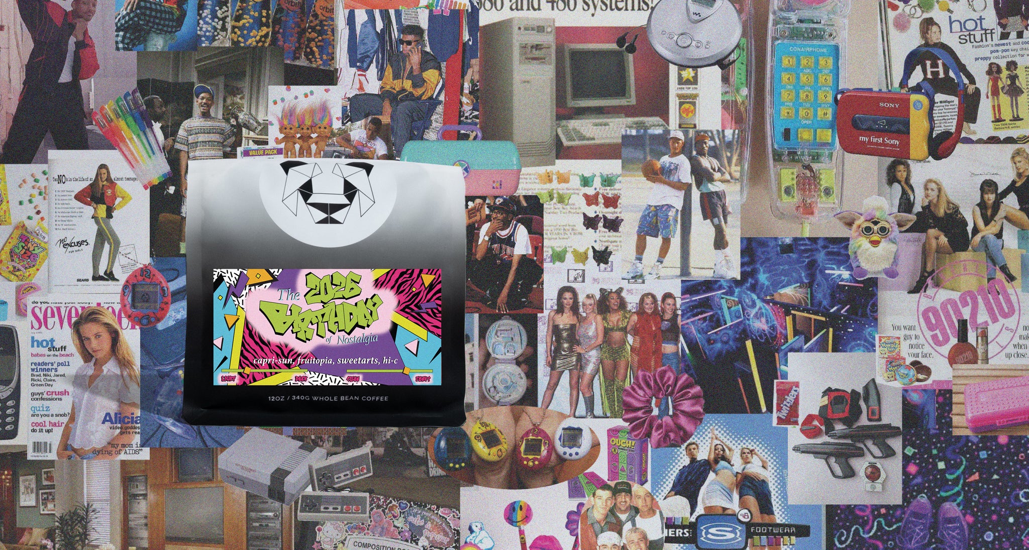 A collage of retro pop culture posters, magazines, toys, and objects arranged in a vibrant, busy composition, with a central black rectangular item featuring a colorful graphic that reads '2050 BIRTHDAY!'.