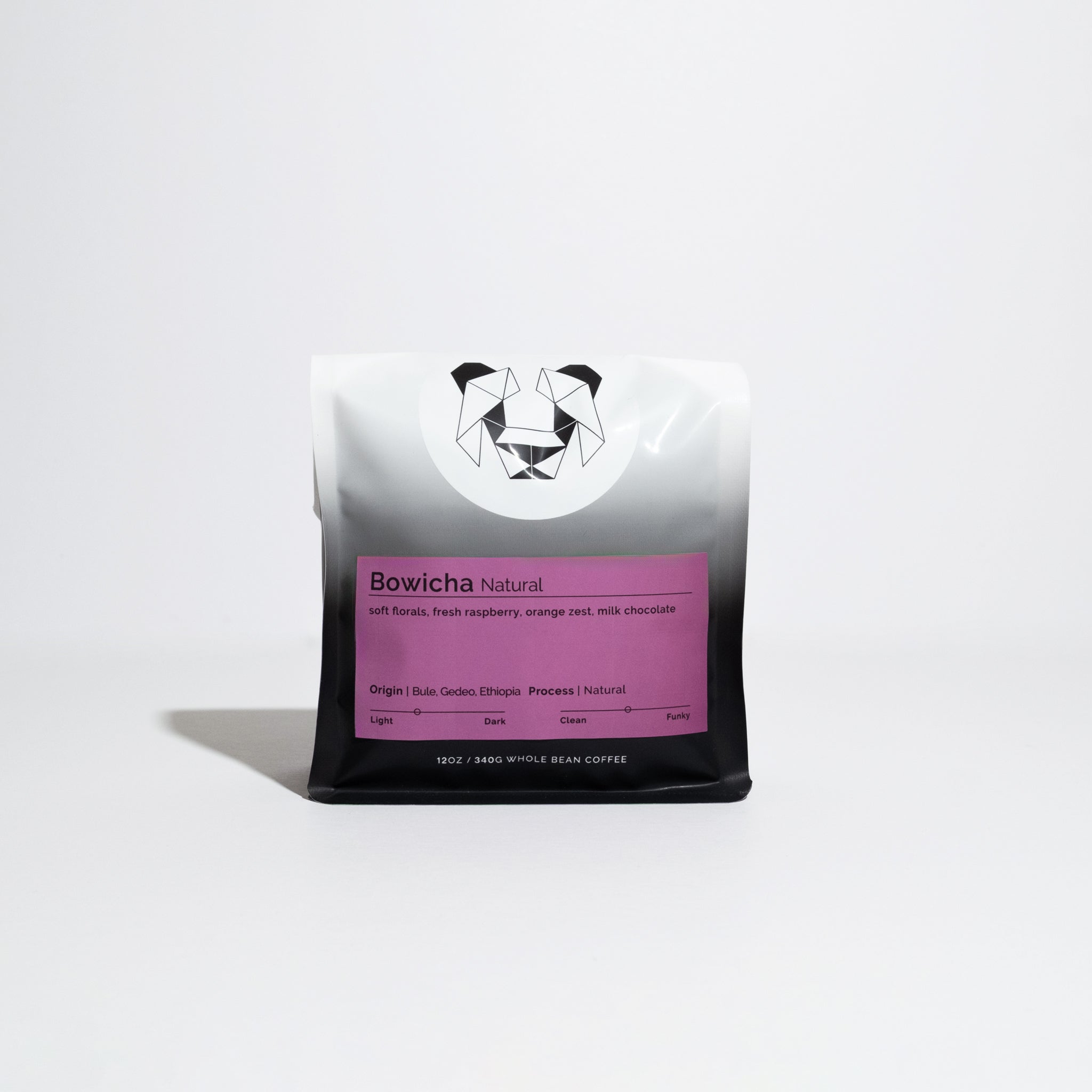 Bag of Bowicha Natural whole-bean coffee, featuring tasting notes of florals, raspberry, orange zest, and milk chocolate. Origin: Bule, Gedeo, Ethiopia.