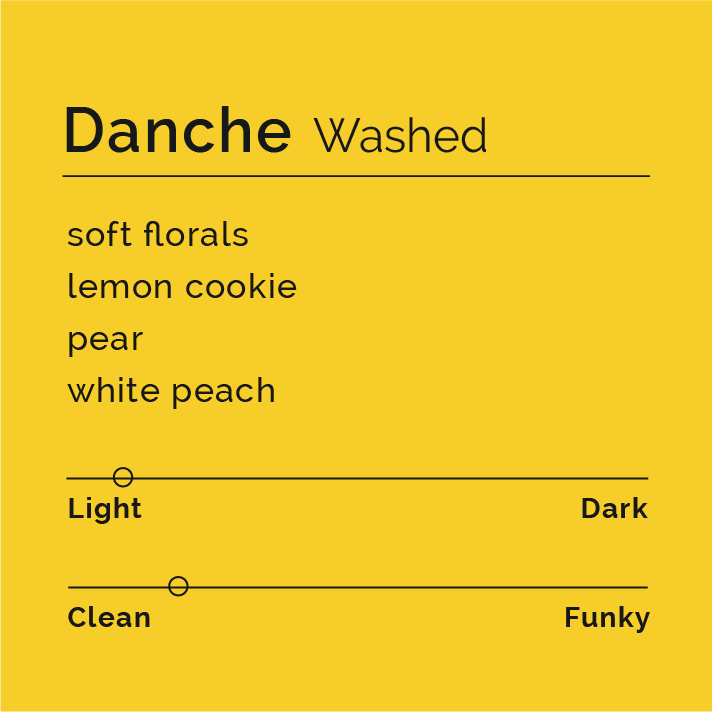 Danche Washed Coffee from Ethiopia. The label is a solid honey yellow color of 80% saturation. The image features the tasting notes of soft florals, lemon cookie, pear, and white peach. It has a roast scale of level 1.5 out of 10 and a Funky scale of 2 out of 10.