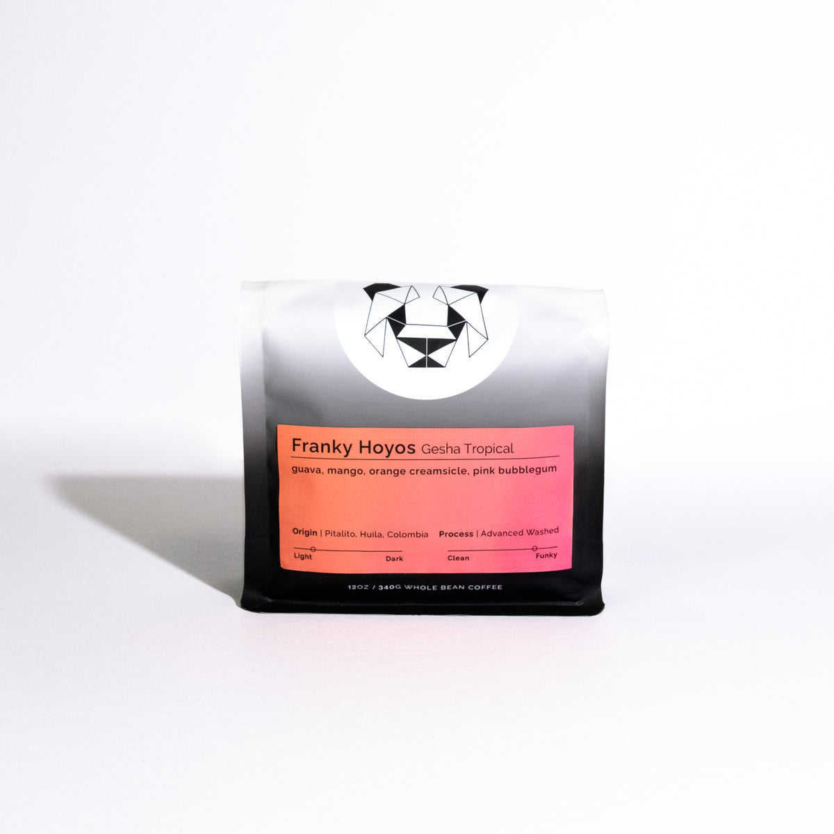 A single bag of Franky Hoyos Gesha  Tropical whole bean coffee, featuring a white and black gradient bag with a orange and pink label, set against a clean white background.