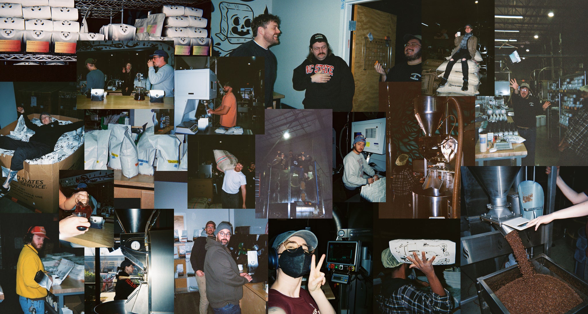 Collage of various scenes with people in different settings from inside our production facility.