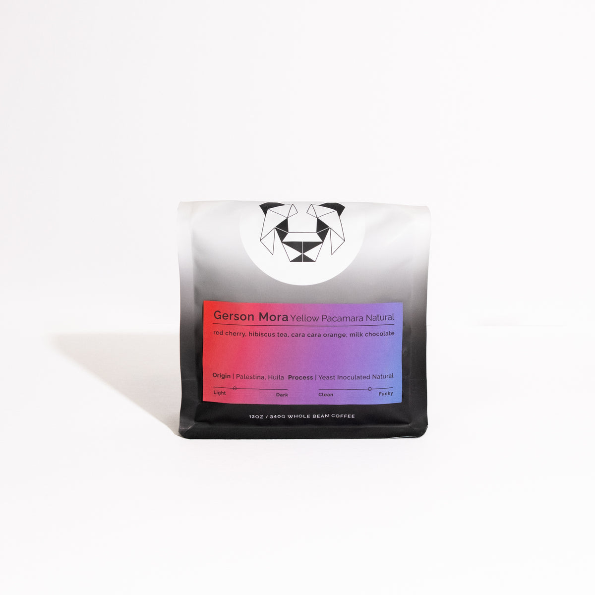 A single bag of Gerson Mora Yellow Pacamara Natural whole bean coffee, featuring a white and black gradient bag with a red and blue label, set against a clean white background.