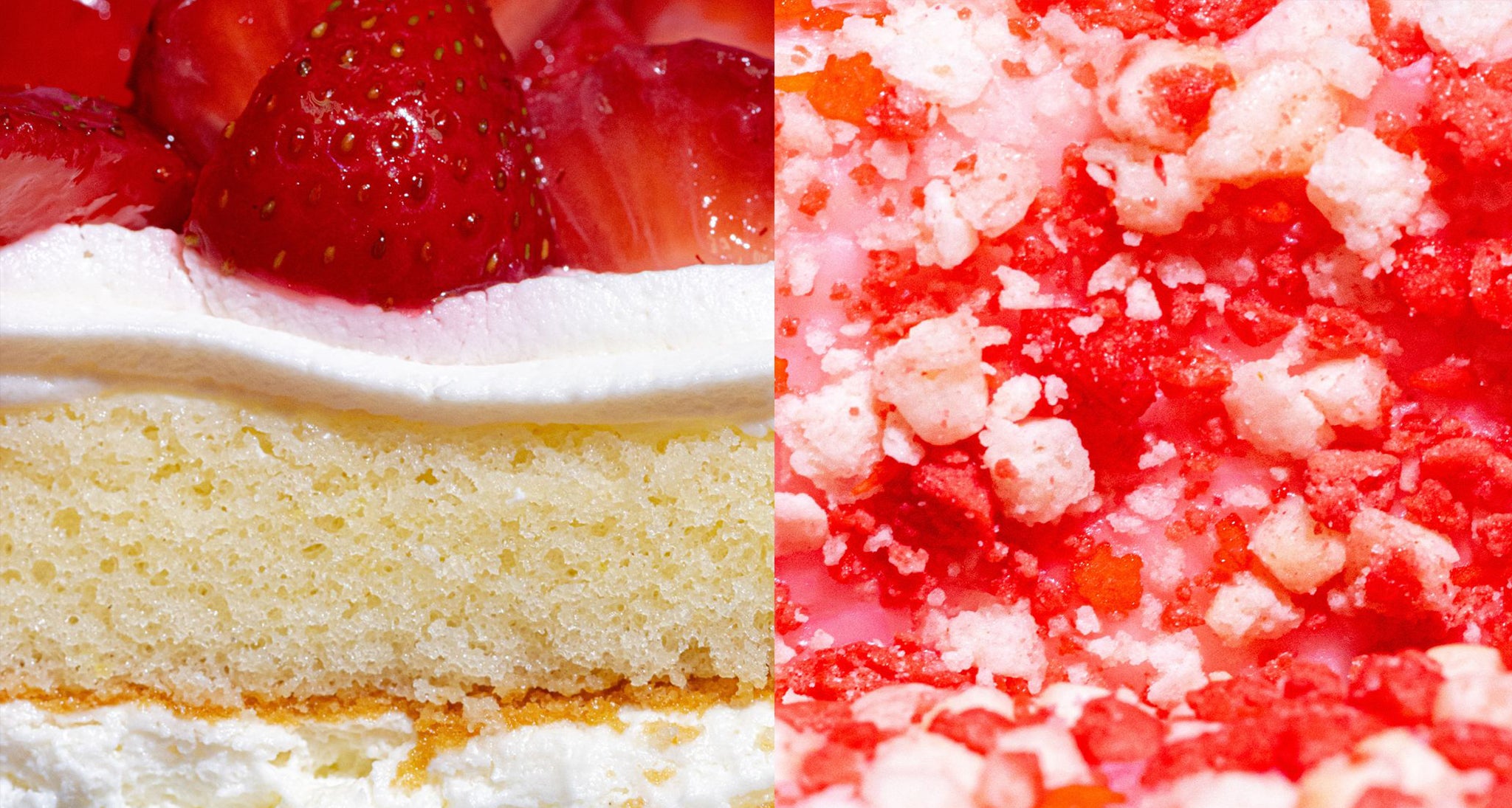 A close up image of layers of strawberry shortcake and a close up image of sprinkles on a pink popsicle.