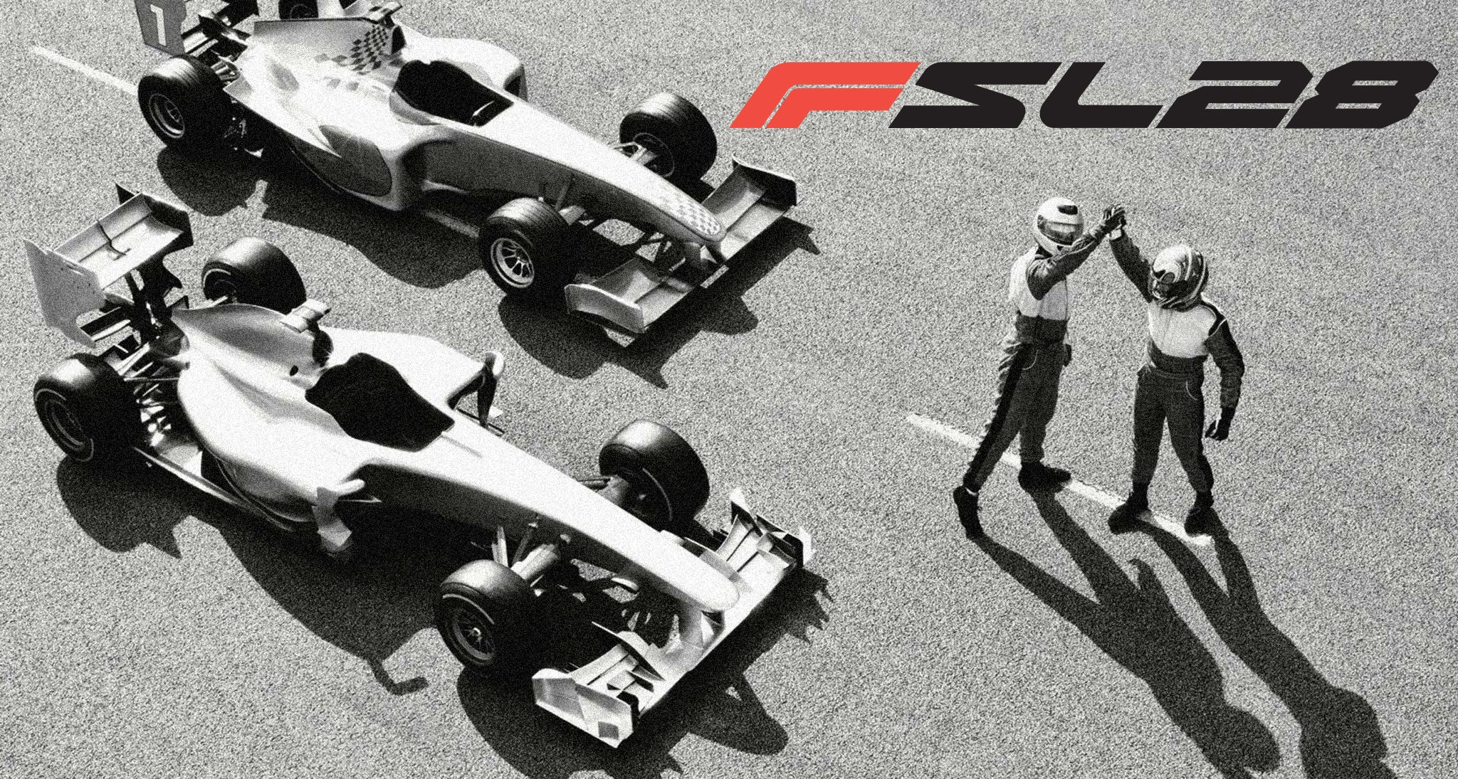 Two Formula Cars side by side with the drivers giving each other a high five.