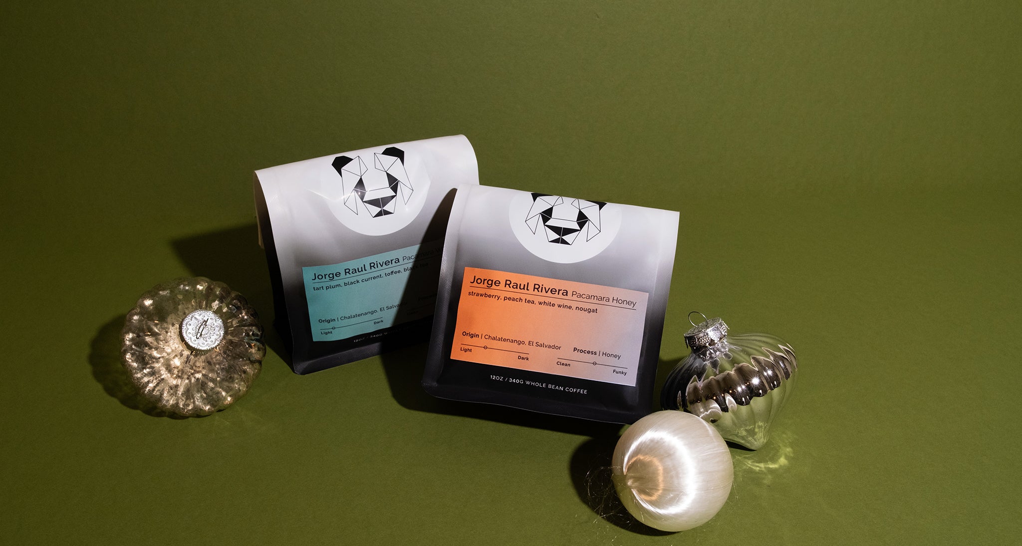 Two packages of 'Jorge Raul Rivera' on a green background with decorative items.