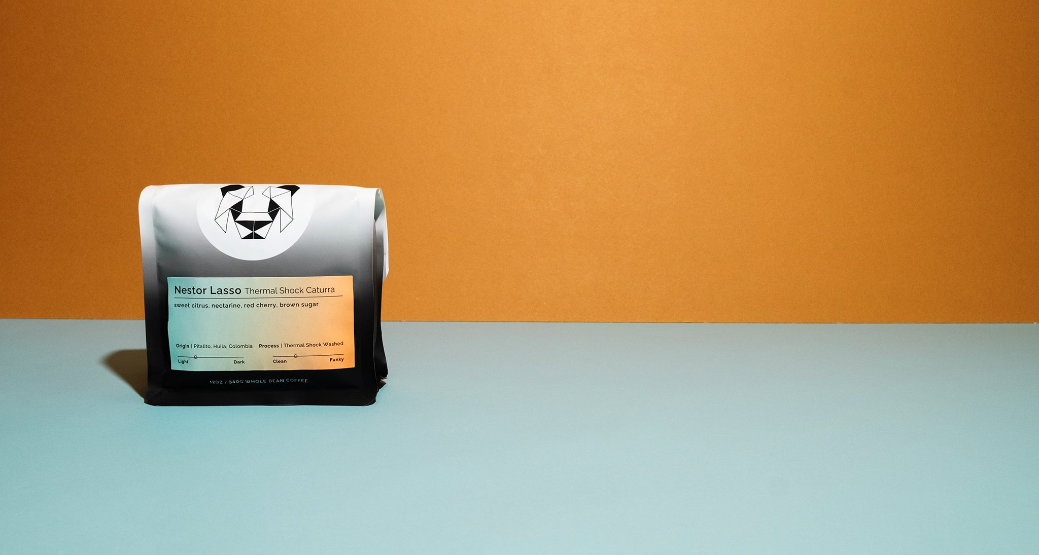 A bag of coffee on a colorful backdrop with the label Nestor lasso Thermal Shock Caturra on it. 