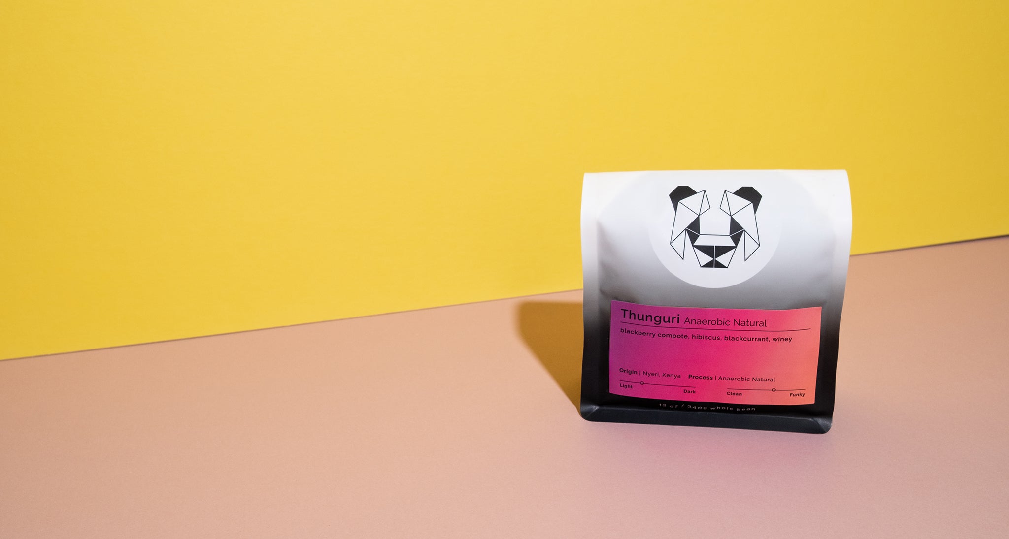 Product packaging with a label on a yellow and pink gradient background