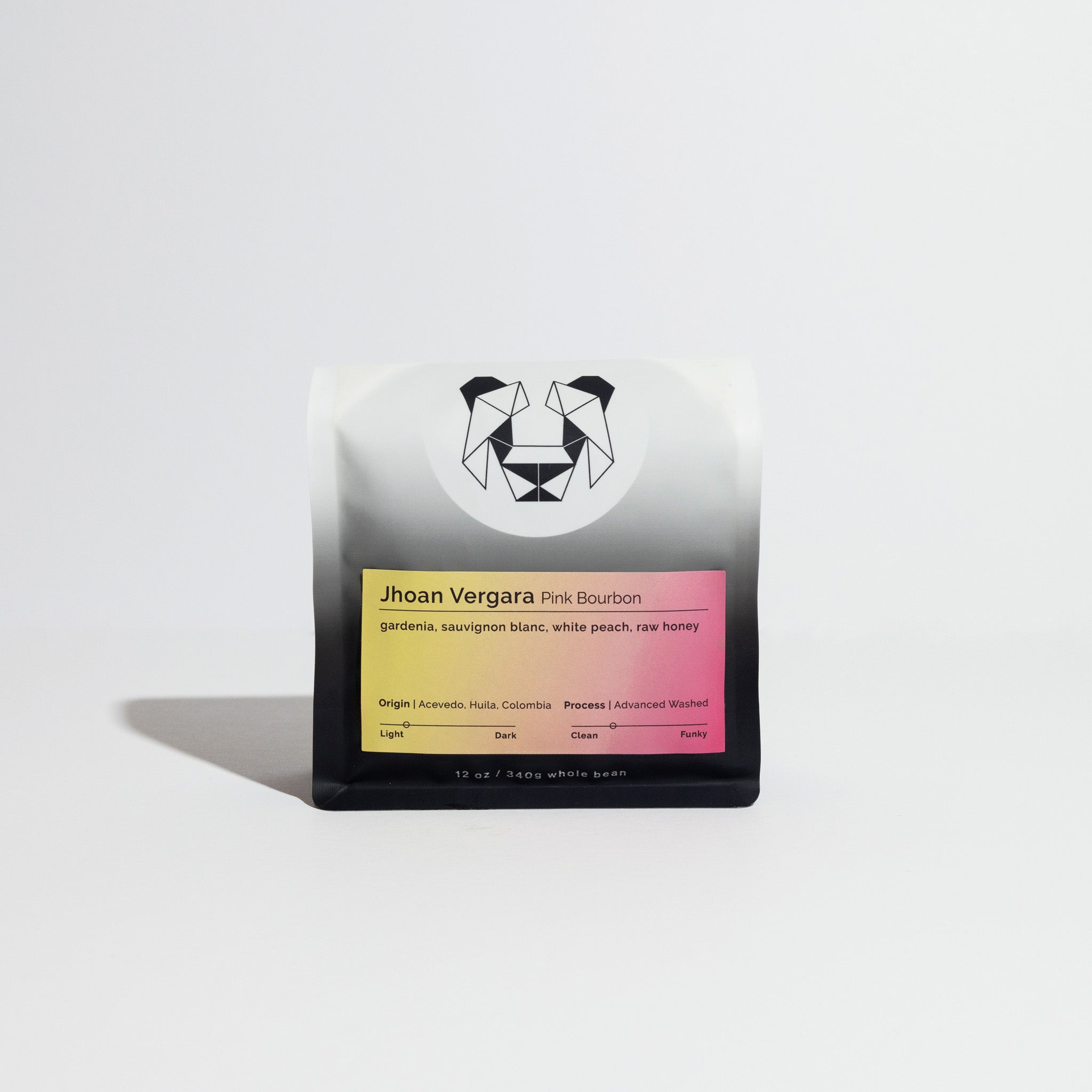 Jhoan Vergara Pink Bourbon coffee pouch, 12 oz, notes gardenia, sauvignon blanc, white peach, raw honey; origin Acevedo, Huila, Colombia; advanced washed process.