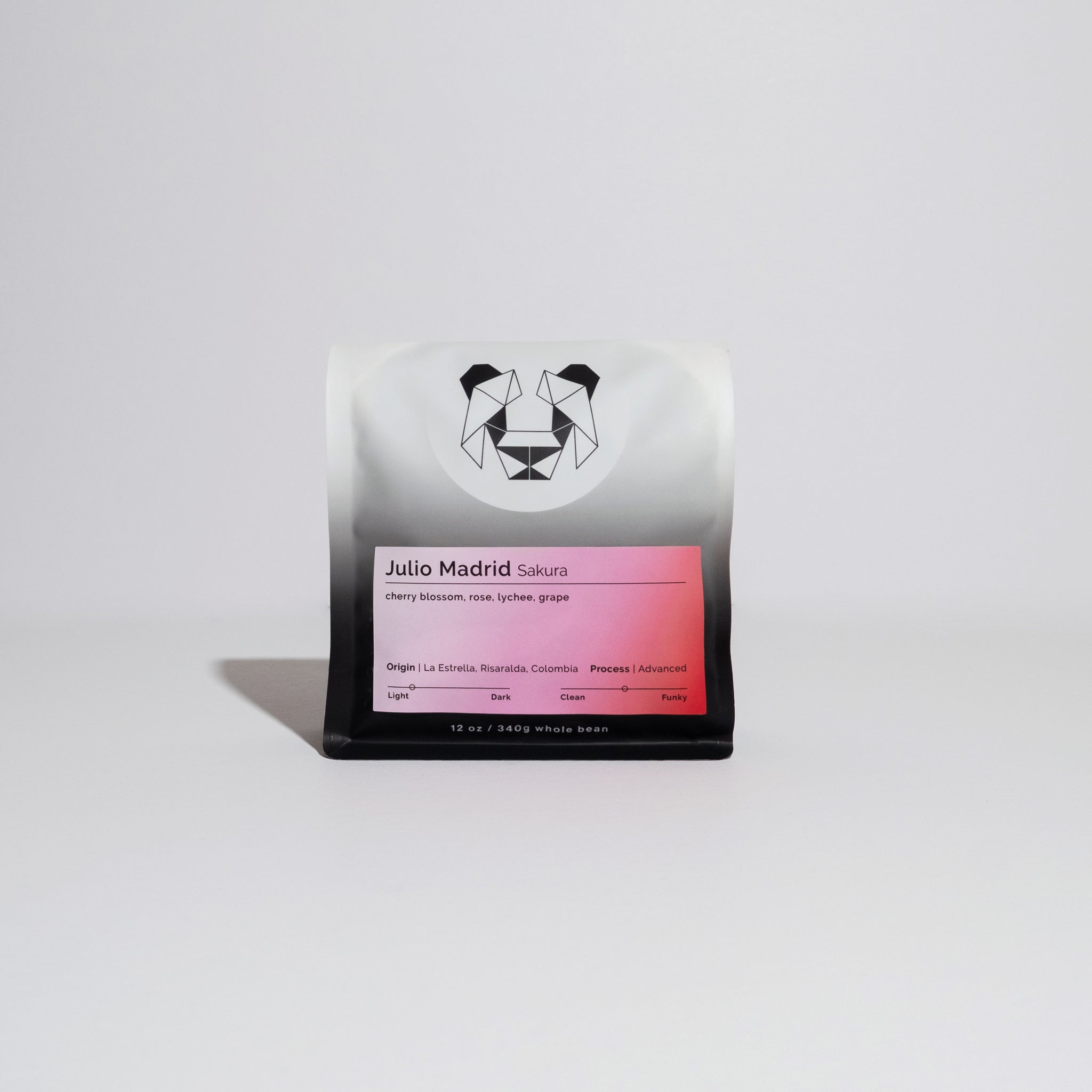 Julio Madrid - Sakura coffee, featuring a black and white bag with a pink label, highlighting innovative Culturing-Nitro Washed processing and floral, fruity notes.