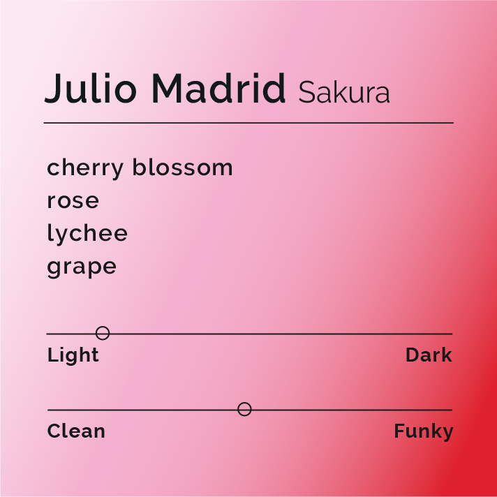 Julio Madrid's Sakura coffee label on a pink background, emphasizing the innovative Culturing-Nitro Washed process and floral Gesha blend.