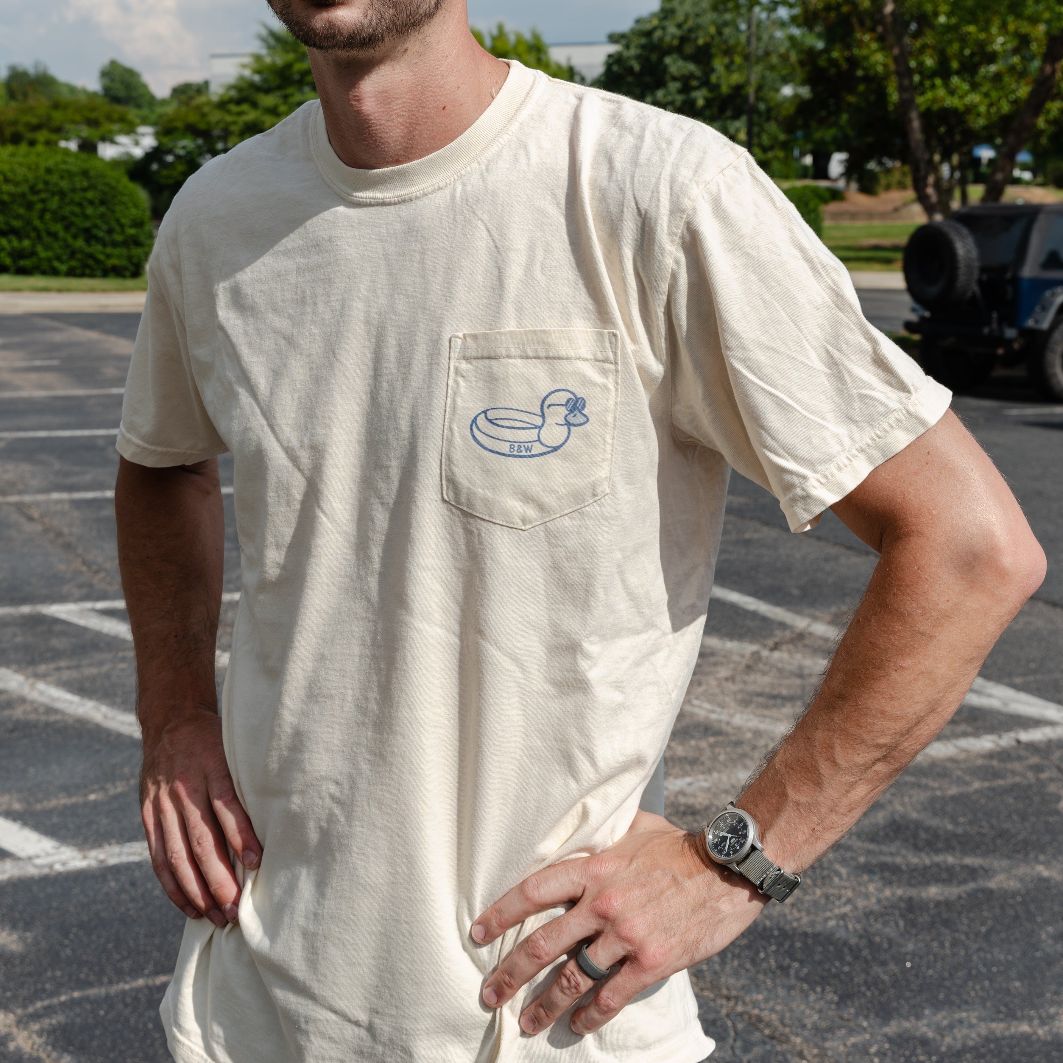 Summer Duckie Shirt with a left chest pocket, featuring a fun panda illustration. Made from heavyweight cotton, it offers an oversized, comfortable fit.