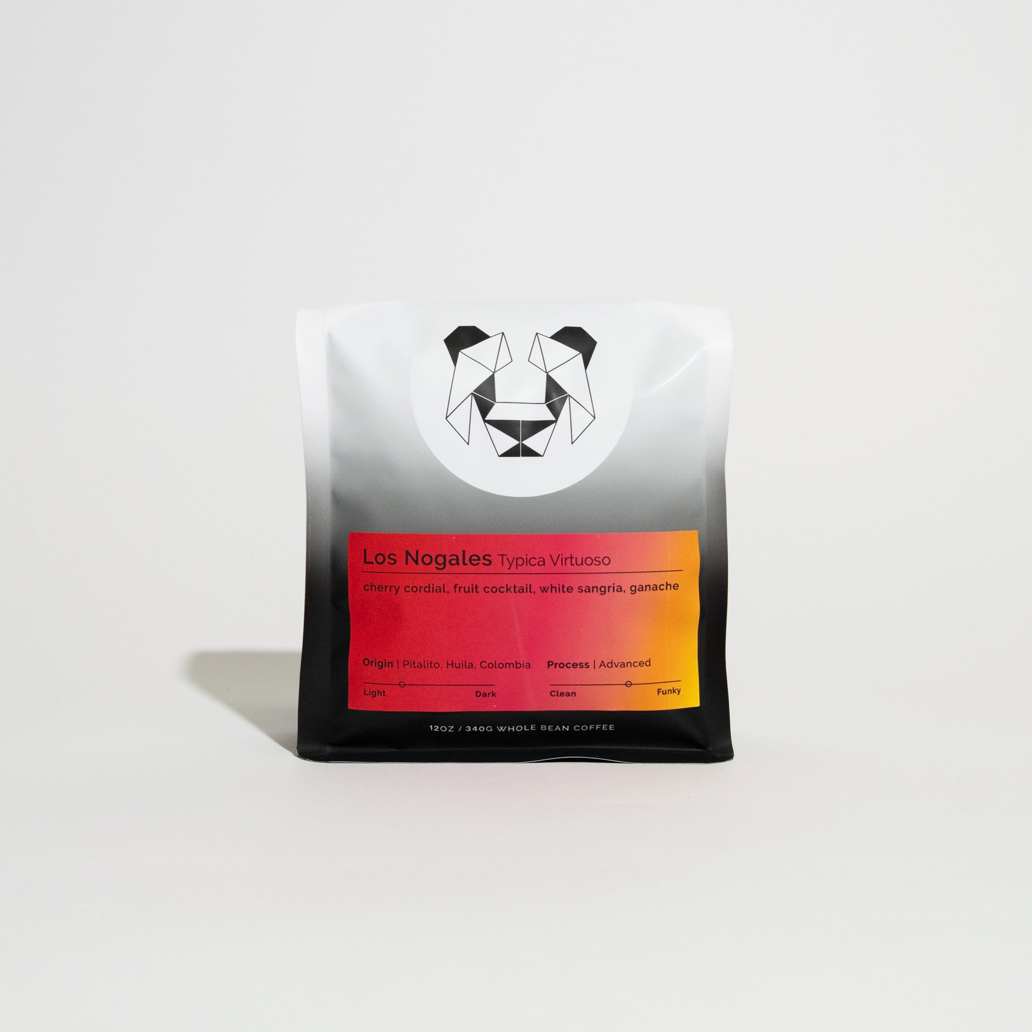Los Nogales - Typica Virtuoso whole-bean coffee bag with origami panda logo, showcasing tasting notes and origin details from Pitalito, Huila, Colombia.