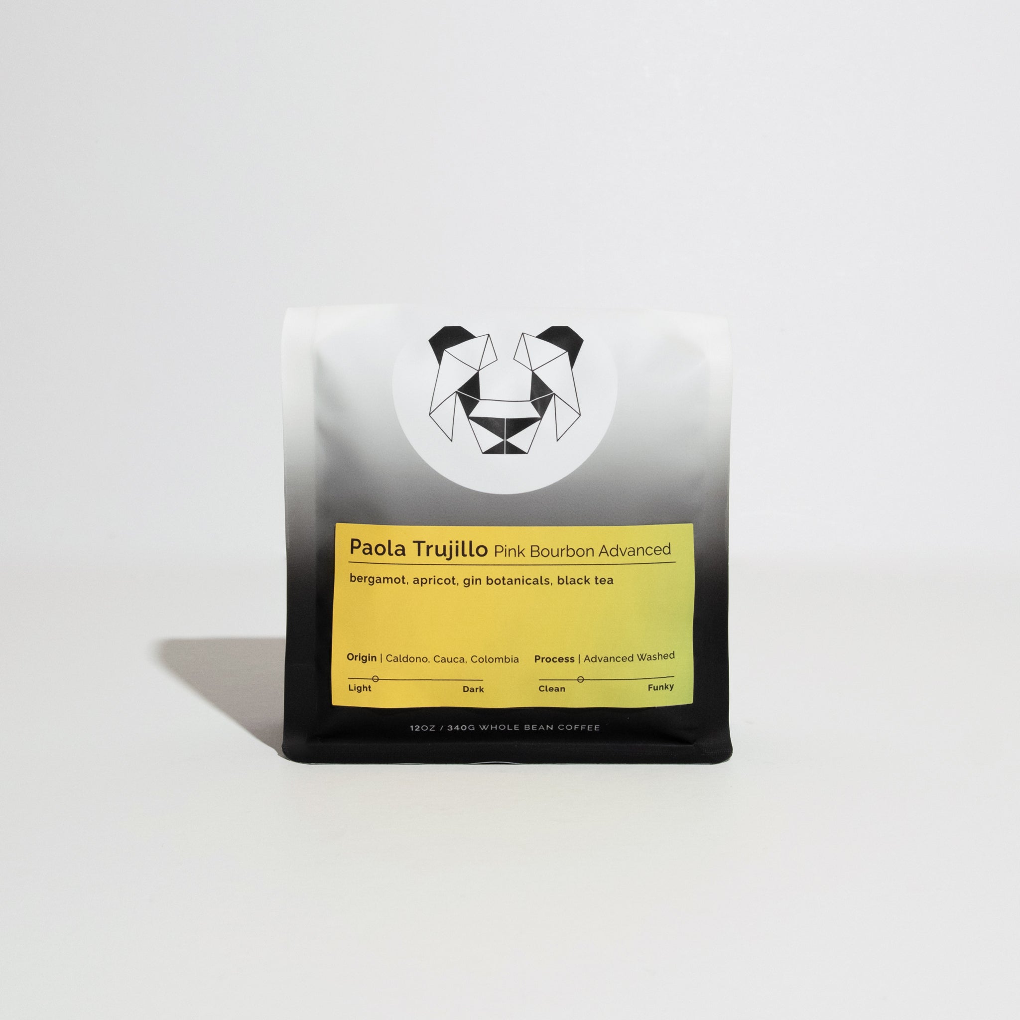 Paola Trujillo - Pink Bourbon Advanced whole-bean coffee bag, featuring a geometric animal logo, tasting notes, and origin, highlighting unique processing from Caldono, Colombia.