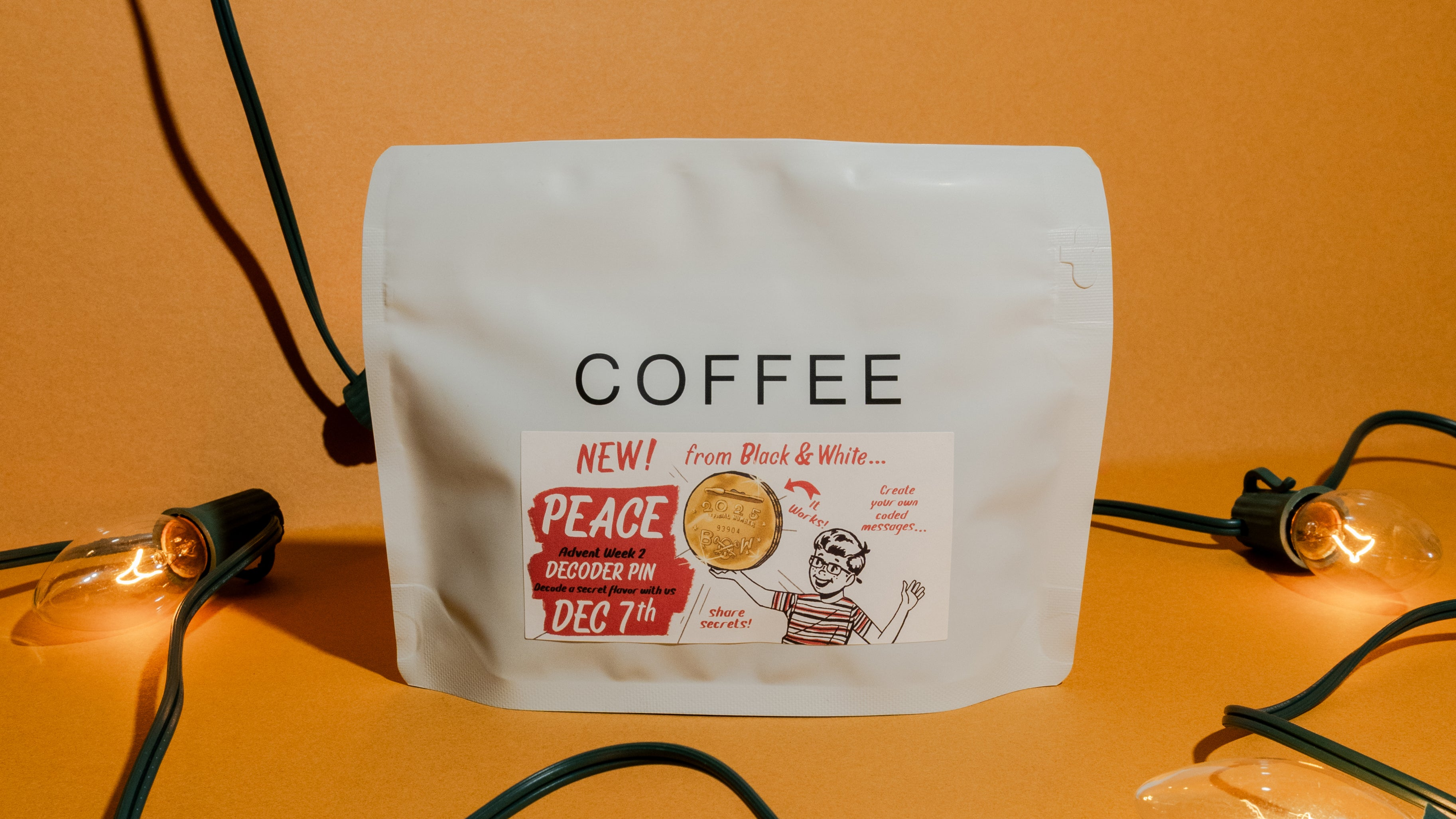 Coffee package with a vintage-style label on an orange background