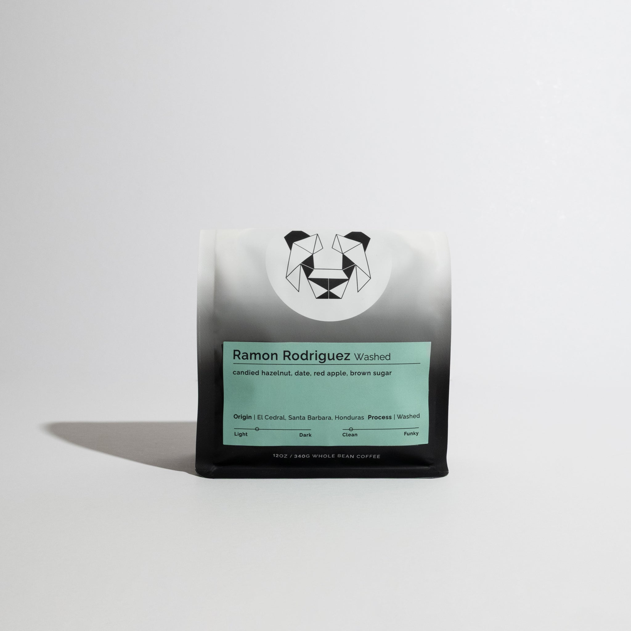 Ramon Rodriguez - Washed coffee pouch with mint-green label, showcasing tasting notes, origin, and process, highlighting the specialty whole-bean coffee from Honduras.