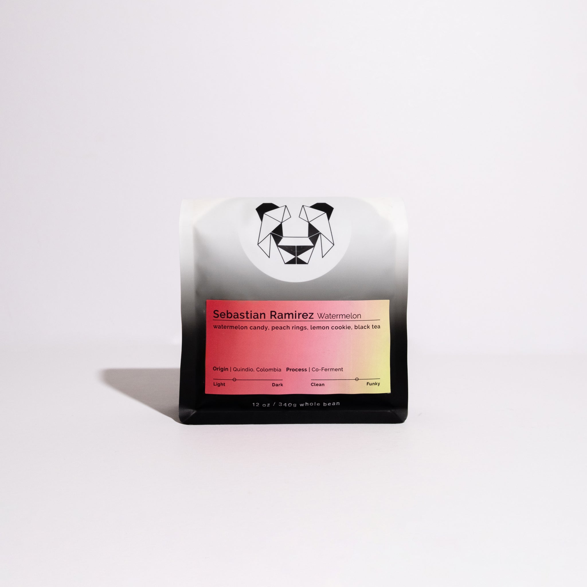Sebastian Ramirez - Watermelon coffee bag with geometric animal logo, featuring tasting notes: watermelon candy, peach rings, lemon cookie, black tea. Origin: Quindío, Colombia.