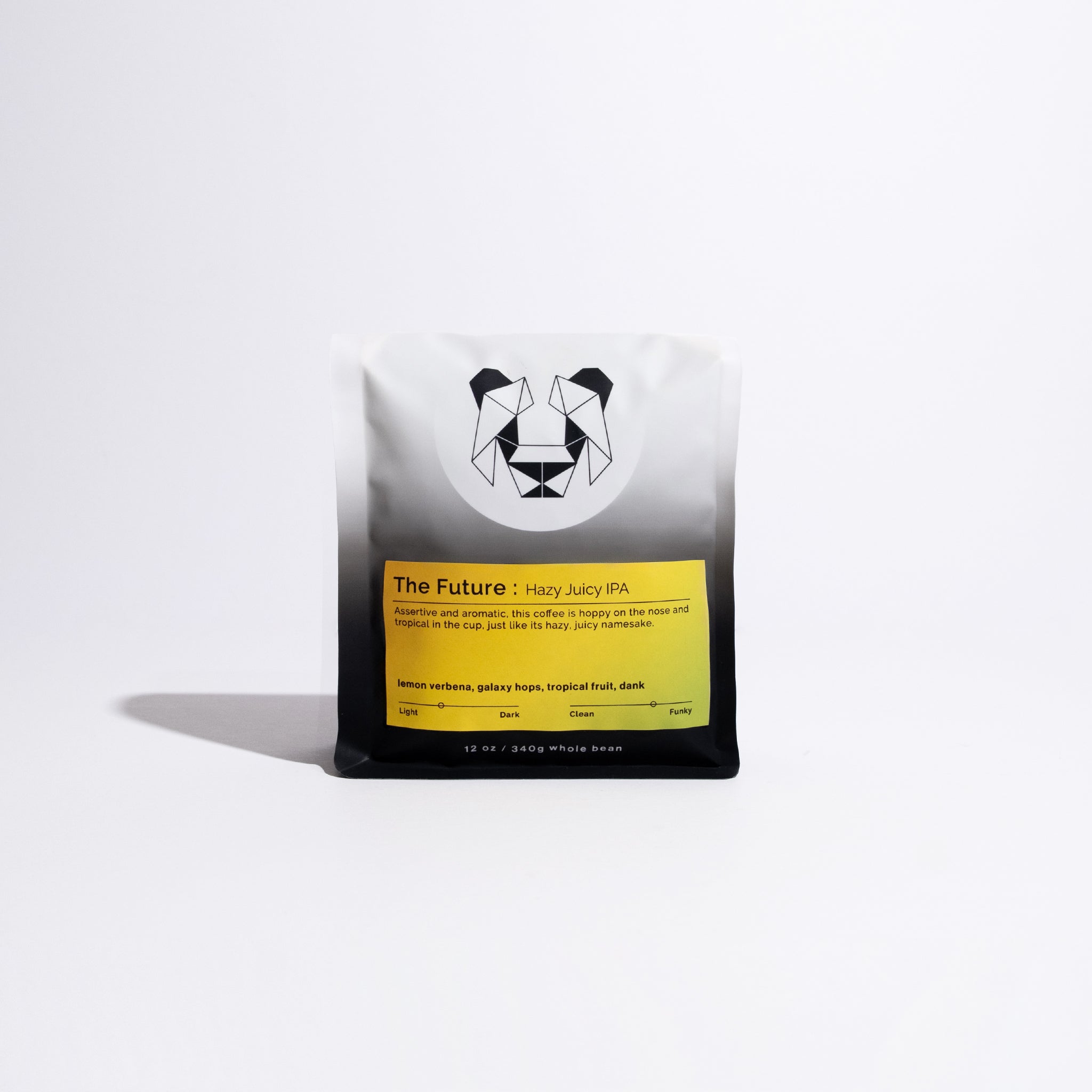 Bag of whole-bean coffee titled The Future: Hazy Juicy IPA, featuring a panda-like logo and tasting notes of lemon verbena and tropical fruit.