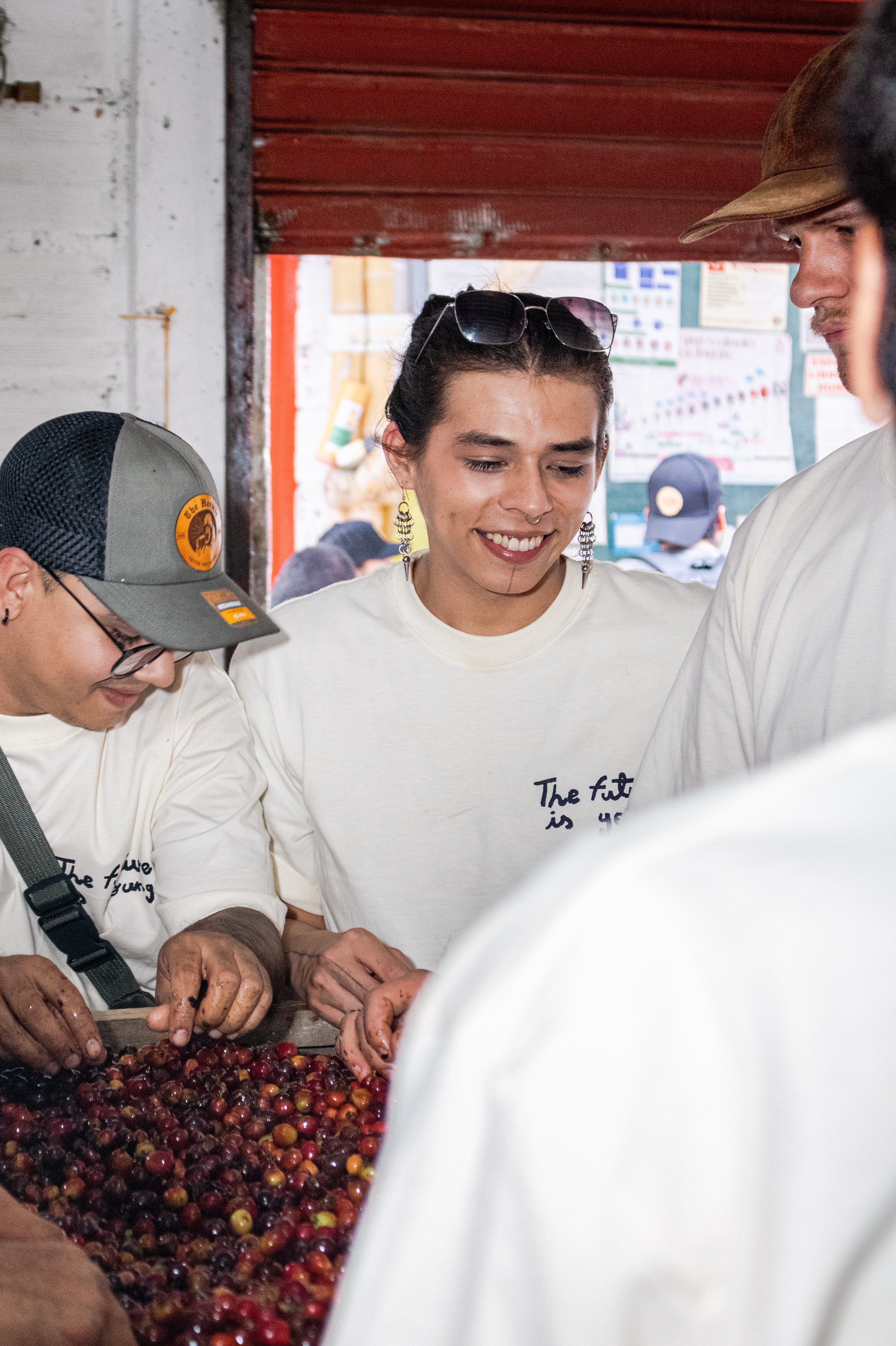 Three people examining coffee beans in a casual setting in Colombia as part of the Young Producers Project.